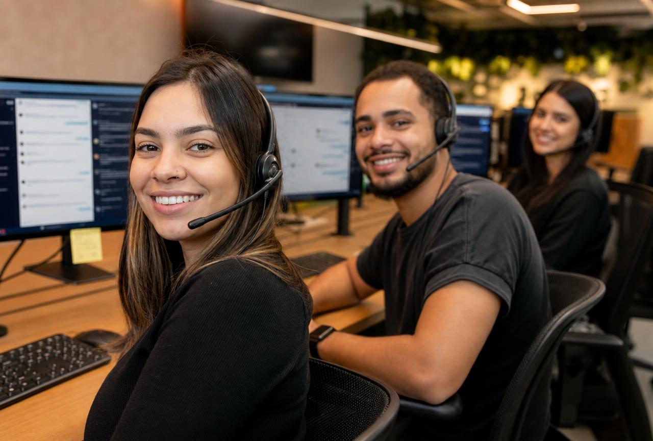 Atendentes de suporte sorrindo e prontos para ajudar