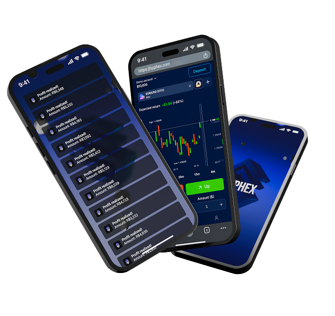 Plataforma Syphex aberta em três celulares mostrando gráfico, ordens e lucros