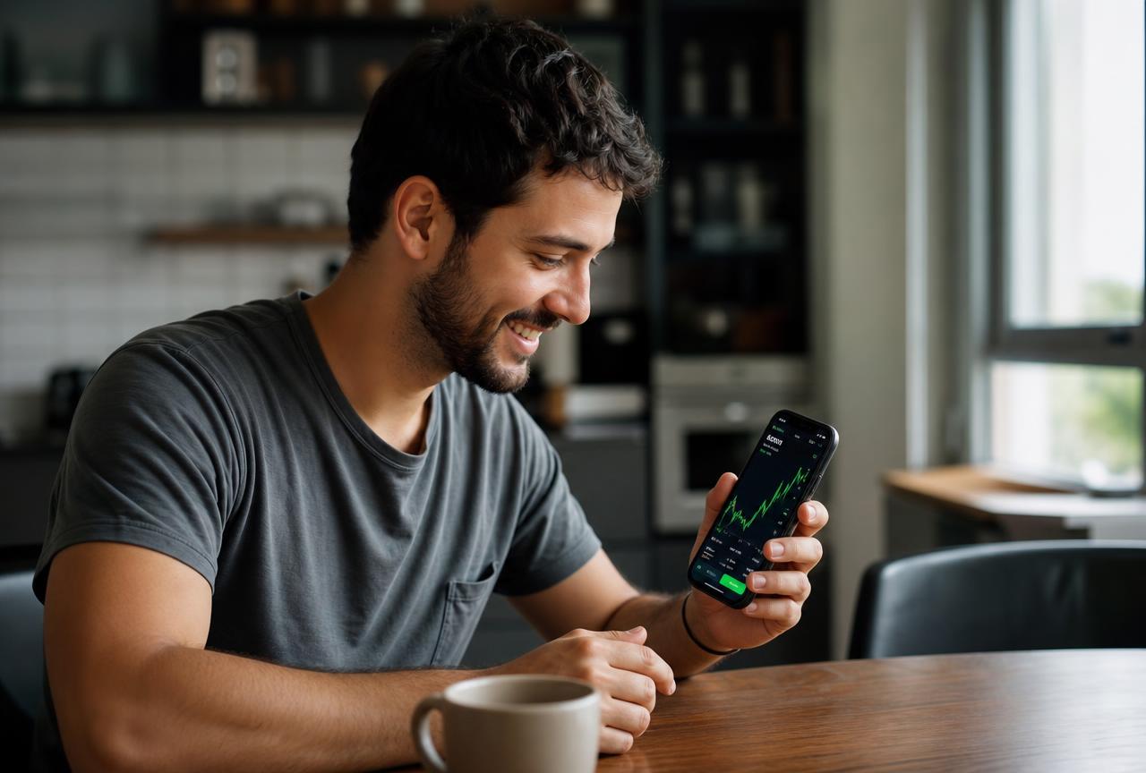 Pessoa sorrindo enquanto opera no celular